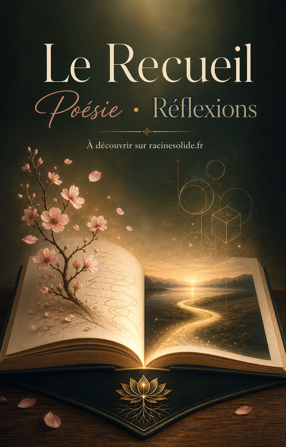 Le Recueil Racinesolide, Poésie et Réflexions, représenté par un livre ouvert dans une lumière dorée